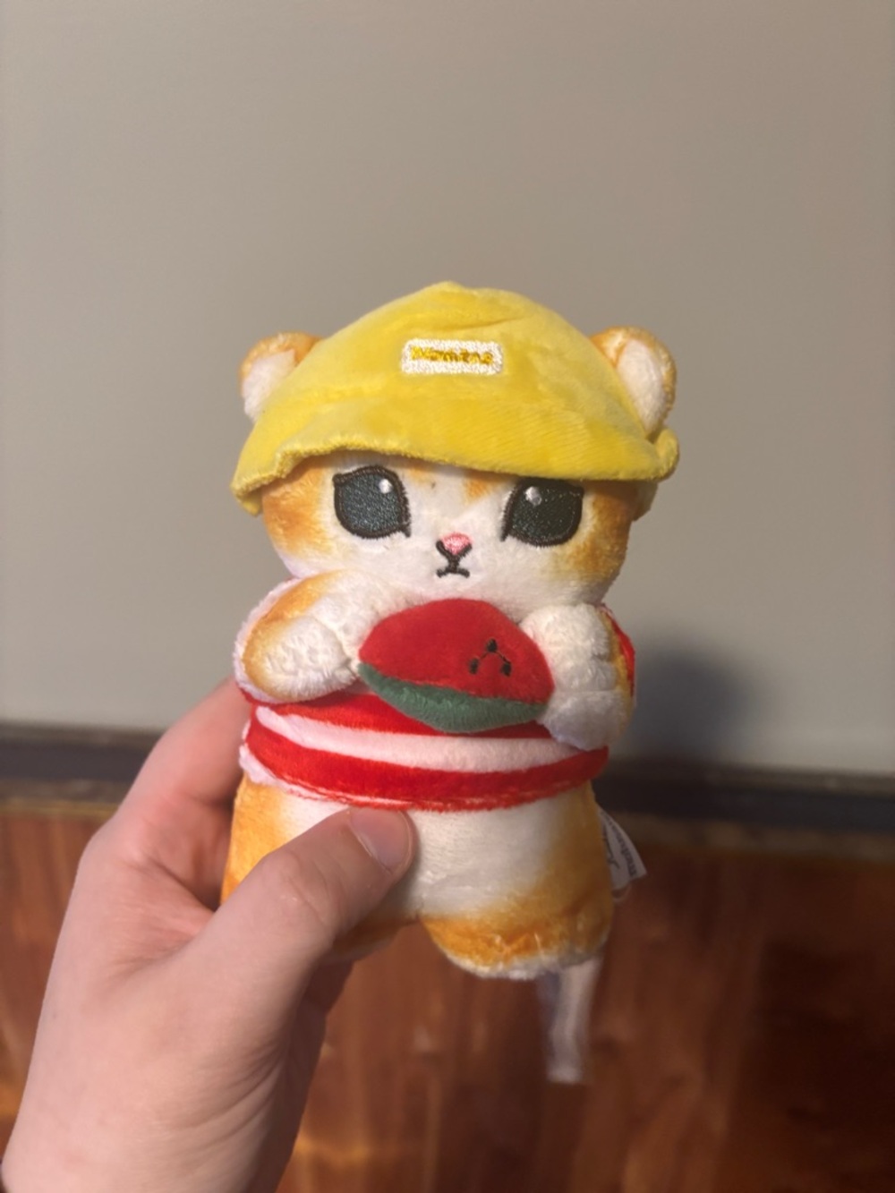 Yellow-Accented Plush Cat Toy with Red Stripe and Watermelon